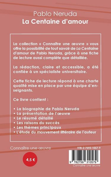 Produktbild: Fiche de lecture La Centaine d'amour de Pablo Neruda (analyse litt&eacute;raire de r&eacute;f&eacute;rence et r&eacute;sum&eacute; complet)