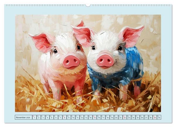 Produktbild: Lustiges Borstenvieh. Zauberhafte Schweinchen im &Ouml;lgem&auml;lde-Stil (hochwertiger Premium Wandkalender 2026 DIN A2 quer), Kunstdruck in Hochglanz