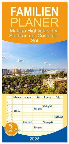 Produktbild: Familienplaner 2026 - Malaga Highlights der Stadt an der Costa del Sol mit 5 Spalten (Wandkalender, 21 x 45 cm) CALVENDO