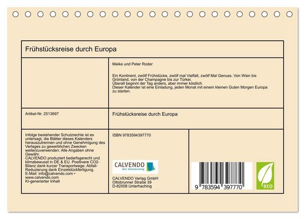 Produktbild: Fr&uuml;hst&uuml;cksreise durch Europa (Tischkalender 2027 DIN A5 quer), CALVENDO Monatskalender