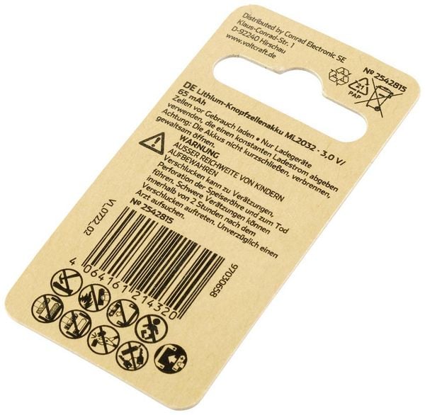 Produktbild: VOLTCRAFT Knopfzellen-Akku ML2032 Lithium 65 mAh 3V 1St.