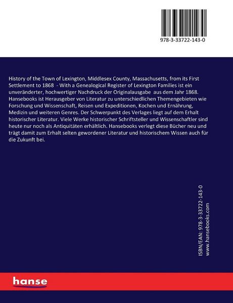 Produktbild: History of the Town of Lexington, Middlesex County, Massachusetts, from its First Settlement to 1868