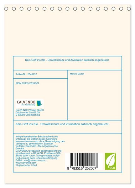 Produktbild: Kein Griff ins Klo . Umweltschutz und Zivilisation satirisch angehaucht (Tischkalender 2026 DIN A5 hoch), CALVENDO Monatskalender