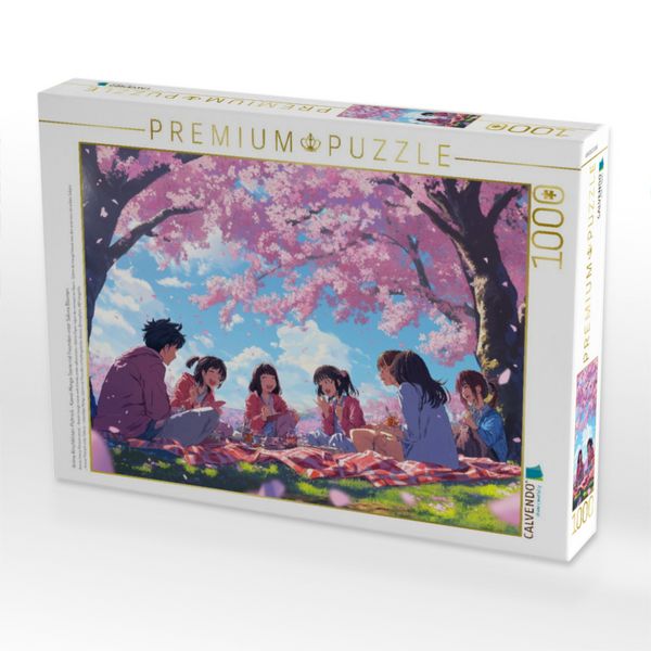 Produktbild: CALVENDO Puzzle Anime Kirschbl&uuml;ten-Picknick - Kawaii Manga-Szene mit Freunden unter Sakura B&auml;umen | 1000 Teile Lege-Gr&ouml;&szlig;e 64x48cm Foto-Puzzle f&uuml;r gl&uuml;ckliche Stunden