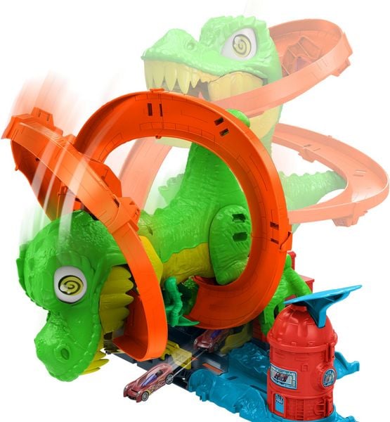 Produktbild: Hot Wheels City T-Rex-Feuerschlacht Spielset und Die-Cast-Spielzeugauto im Maßstab 1:64, gegnerischer Dinosaurier