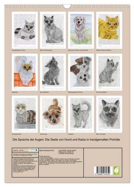Produktbild: Die Sprache der Augen: Die Seele von Hund und Katze in handgemalten Portr&auml;ts (Wandkalender 2027 DIN A3 hoch), CALVENDO Monatskalender