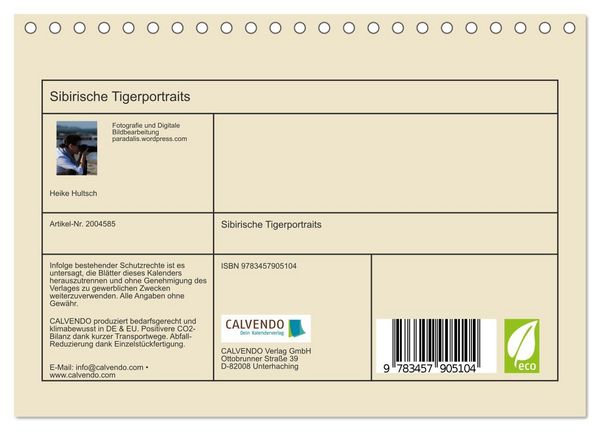 Produktbild: Sibirische Tigerportraits (Tischkalender 2026 DIN A5 quer), CALVENDO Monatskalender