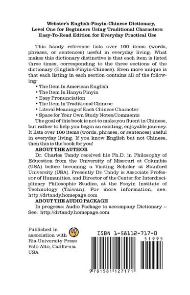 Produktbild: Webster's English-Pinyin-Chinese Dictionary, Level One for Beginners Using Traditional Characters