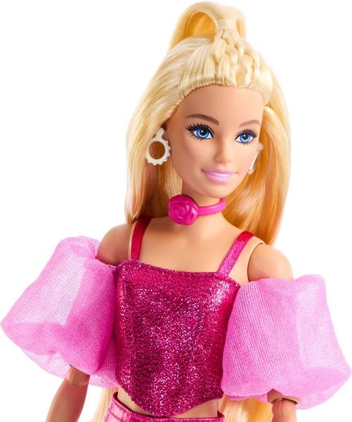 Produktbild: Barbie Deluxe Style-Modepuppe #5 in rosafarbenem Metallic-Outfit mit Korsett-Top und Accessoires, blond