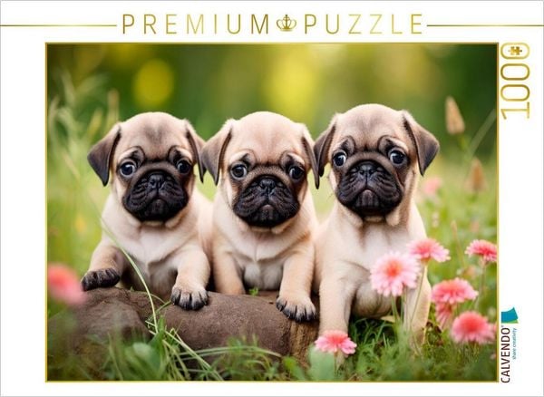 Produktbild: CALVENDO Puzzle Mopsparade im Bl&uuml;tenmeer | 1000 Teile Lege-Gr&ouml;&szlig;e 64x48cm Foto-Puzzle f&uuml;r gl&uuml;ckliche Stunden