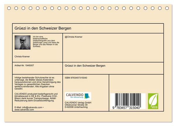 Produktbild: Gr&uuml;ezi in den Schweizer Bergen (Tischkalender 2026 DIN A5 quer), CALVENDO Monatskalender