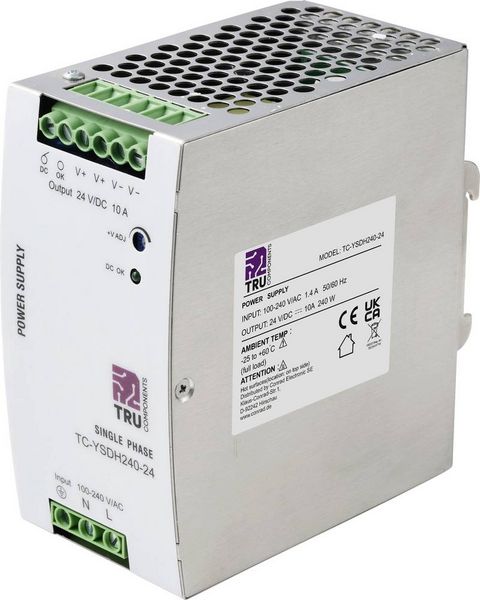 Produktbild: TRU COMPONENTS TC-13850160 Hutschienen-Netzteil (DIN-Rail) 24 V/DC 10 A 240 W Anzahl Ausg&auml;nge:1 x Inhalt 1 St.
