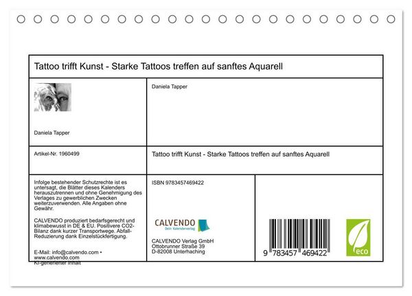 Produktbild: Tattoo trifft Kunst - Starke Tattoos treffen auf sanftes Aquarell (Tischkalender 2026 DIN A5 quer), CALVENDO Monatskalender