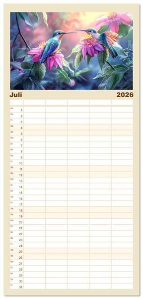 Produktbild: Familienplaner 2026 - Kolibris - Zauberhafte Fantasiewerke mit 5 Spalten (Wandkalender, 21 x 45 cm) CALVENDO