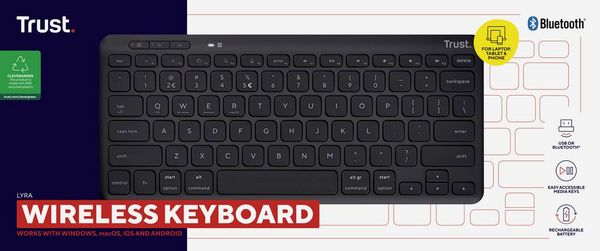Produktbild: Trust Lyra Compact Bluetooth&reg;, Funk Tastatur Deutsch, QWERTZ Schwarz Wiederaufladbar, Ger&auml;uscharme Tasten, Spritzwassergesch&uuml;tzt, Multimediatasten