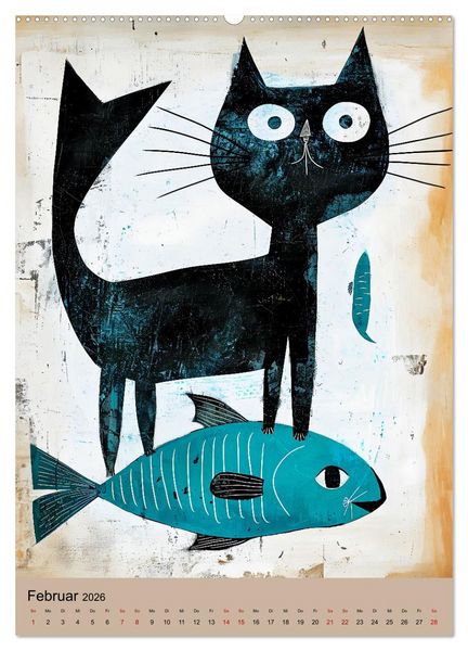 Produktbild: Lustige Katzen-Karikaturen - Minimalistischer Spa&szlig; mit Maus, Vogel und Co (hochwertiger Premium Wandkalender 2026 DIN A2 hoch), Kunstdruck in Hochglanz