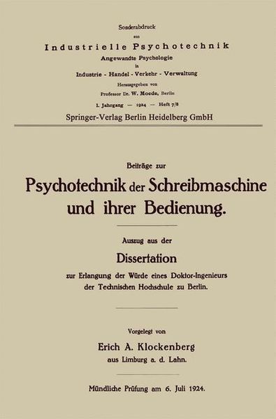 Produktbild: Beitr&auml;ge zur Psychotechnik der Schreibmaschine und ihrer Bedienung