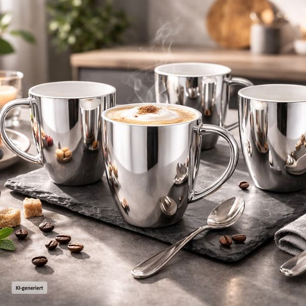 Produktbild: neuetischkultur Becher Set silberfarben mit Henkel 250 ml Porzellan 4 St&uuml;ck Kaffeebecher
