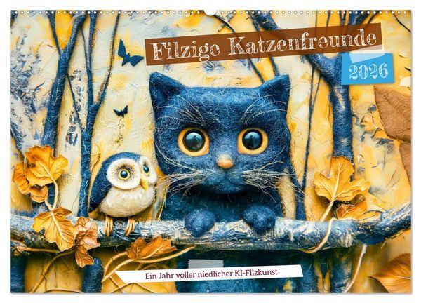 Produktbild: Filzige Katzenfreunde - Ein Jahr voller niedlicher KI-Filzkunst (Wandkalender 2026 DIN A2 quer), CALVENDO Monatskalender