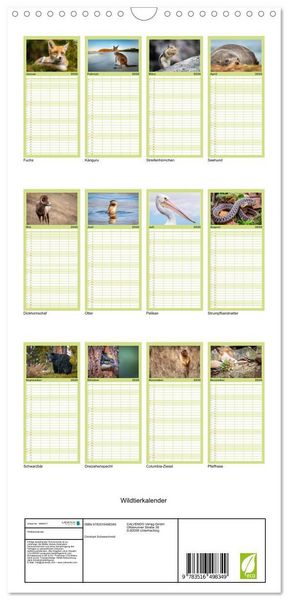Produktbild: Familienplaner 2026 - Wildtierkalender mit 5 Spalten (Wandkalender, 21 x 45 cm) CALVENDO