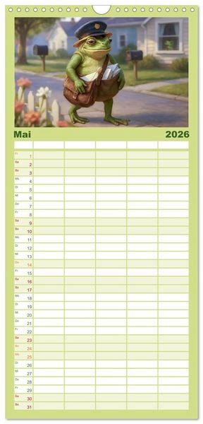 Produktbild: Familienplaner 2026 - Frosch bei der Arbeit- Dienst nach Vorschrift mit 5 Spalten (Wandkalender, 21 x 45 cm) CALVENDO