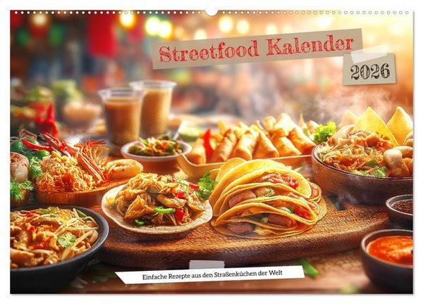 Produktbild: Streetfood Kalender - Einfache Rezepte aus den Stra&szlig;enk&uuml;chen der Welt (Wandkalender 2026 DIN A2 quer), CALVENDO Monatskalender