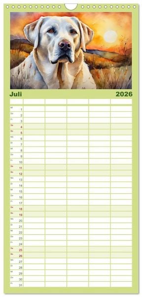 Produktbild: Familienplaner 2026 - Voller Kraft und Energie - Labrador-Retriever mit 5 Spalten (Wandkalender, 21 x 45 cm) CALVENDO