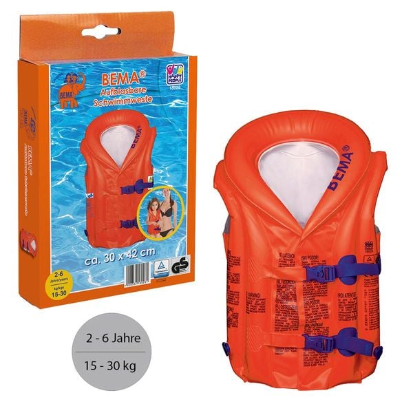 BEMA Aufblasbare Schwimmweste ab 2-6 Jahre 15-30kg orange/blau 30x42cm