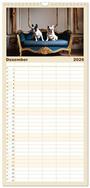 Produktbild: Familienplaner 2026 - Kleine K&ouml;nige - Franz&ouml;sische Bulldoggen mit 5 Spalten (Wandkalender, 21 x 45 cm) CALVENDO