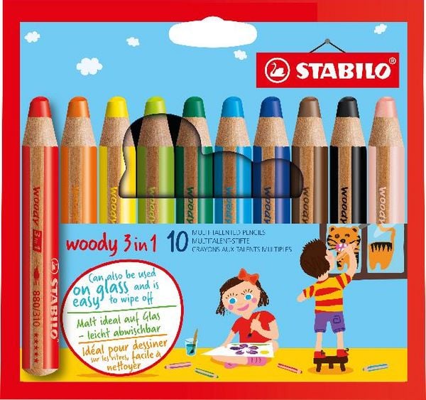 Produktbild: STABILO Buntstift, Wasserfarbe & Wachsmalkreide -  woody 3 in 1 - 10er Pack - mit 10 verschiedenen Farben