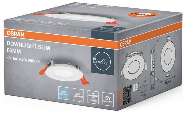 Produktbild: OSRAM HOMELIGHTING 4099854445385 Downlight Slim 85mm 4.5W 6500K LED-Deckenleuchte 4.50 W Wei&szlig;