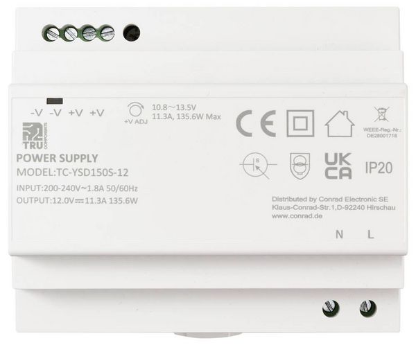 Produktbild: TRU COMPONENTS TC-13710892 Hutschienen-Netzteil (DIN-Rail) Verbrauch (StandBy) 0.3 W 12 V/DC 11.3 A 135.6 W Anzahl Ausg&auml;nge:1 x Inhalt 1 St.