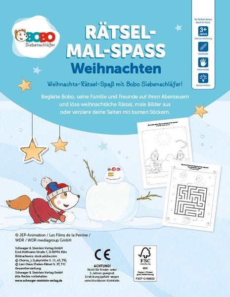 Produktbild: Bobo Siebenschl&auml;fer R&auml;tsel-Mal-Spa&szlig; Weihnachten. F&uuml;r Kinder ab 3 Jahren