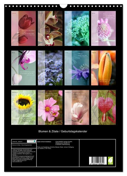 Produktbild: Blumen & Zitate / Geburtstagskalender (Wandkalender 2026 DIN A3 hoch), CALVENDO Monatskalender