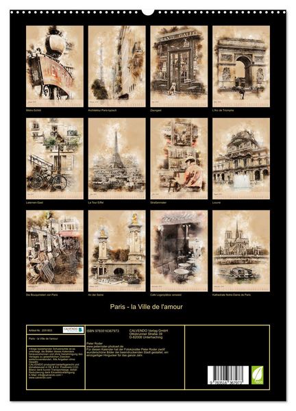 Produktbild: Paris - la Ville de l'amour (Wandkalender 2026 DIN A2 hoch), CALVENDO Monatskalender