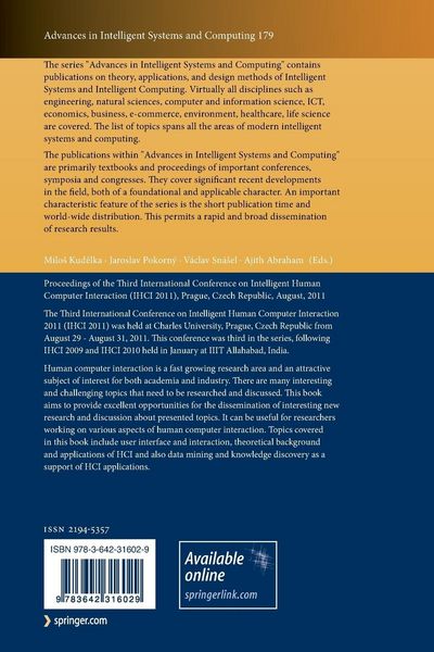 Produktbild: Proceedings of the Third International Conference on Intelligent Human Computer Interaction (IHCI 2011), Prague, Czech Republic, August, 2011