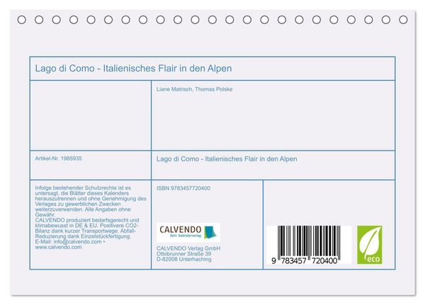 Produktbild: Lago di Como - Italienisches Flair in den Alpen (Tischkalender 2026 DIN A5 quer), CALVENDO Monatskalender