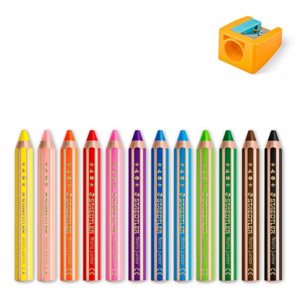 Produktbild: STAEDTLER Noris junior 140 Kindermalstift 3 in 1, Kartonetui mit 12 Malstiften in sortierten Farben und 1 Spitzer, 140 C12