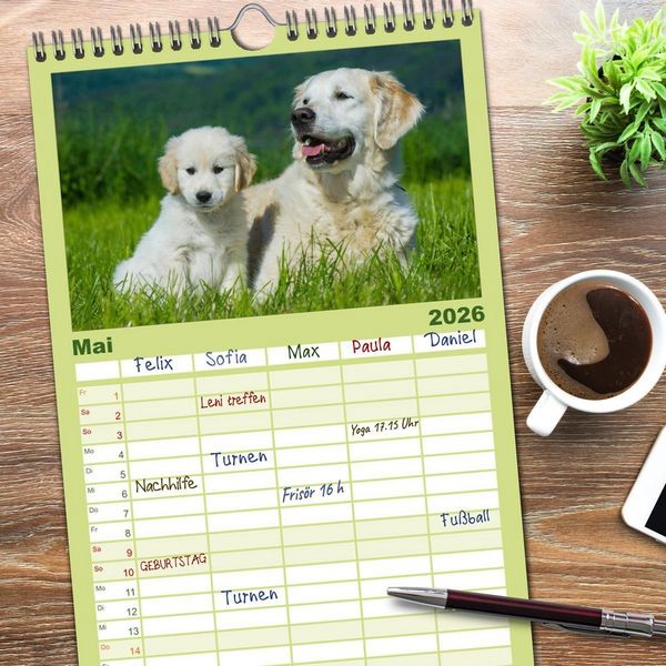Produktbild: Familienplaner 2026 - Golden Retriever - Ein Herz auf 4 Pfoten mit 5 Spalten (Wandkalender, 21 x 45 cm) CALVENDO