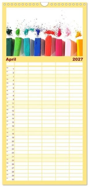 Produktbild: Familienplaner 2027 - Atelierimpressionen - Des K&uuml;nstlers Handwerkzeug im Portrait mit 5 Spalten (Wandkalender, 21 x 45 cm) CALVENDO