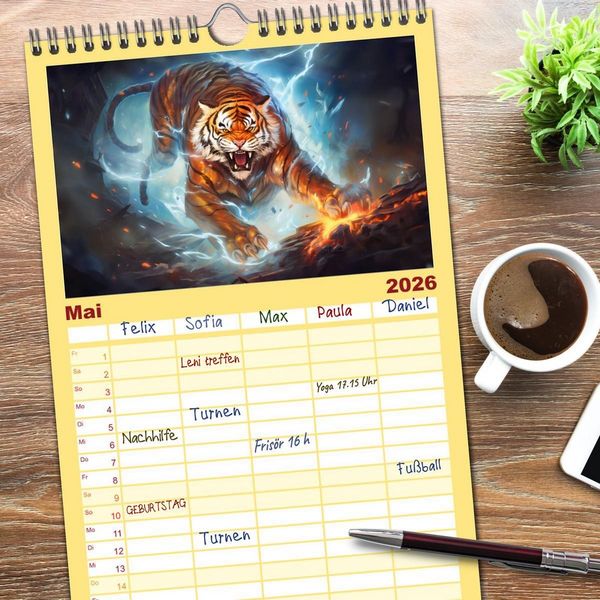 Produktbild: Familienplaner 2026 - Jahr des Tigers - Portr&auml;ts des chinesischen Tierkreiszeichens mit 5 Spalten (Wandkalender, 21 x 45 cm) CALVENDO
