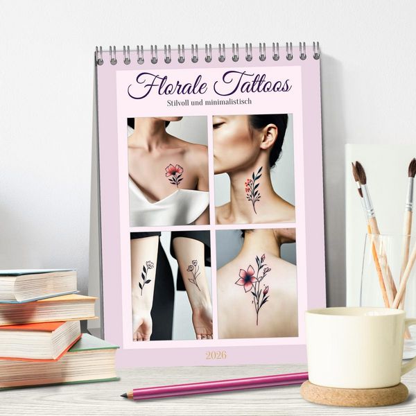 Produktbild: Florale Tattoos Stilvoll und minimalistisch (Tischkalender 2026 DIN A5 hoch), CALVENDO Monatskalender