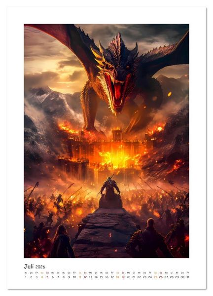 Produktbild: Die Drachenschlacht (hochwertiger Premium Wandkalender 2026 DIN A2 hoch), Kunstdruck in Hochglanz