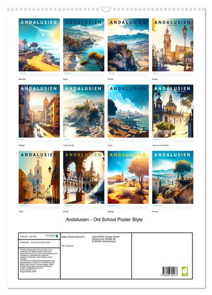 Produktbild: Andalusien - Old School Poster Style (Wandkalender 2026 DIN A2 hoch), CALVENDO Monatskalender