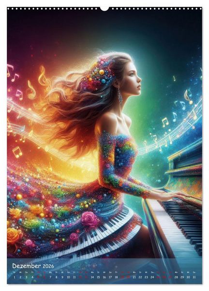 Produktbild: Musikalische Magie &ndash; Frauen in klangvollen Kleidern aus Noten und Farbe (hochwertiger Premium Wandkalender 2026 DIN A2 hoch), Kunstdruck in Hochglanz