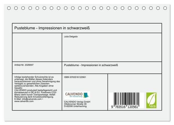 Produktbild: Pusteblume - Impressionen in schwarzwei&szlig; (Tischkalender 2026 DIN A5 quer), CALVENDO Monatskalender