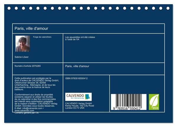 Produktbild: Paris, ville d'amour (Calendrier de bureau 2026 DIN A5 vertical), CALVENDO calendrier mensuel