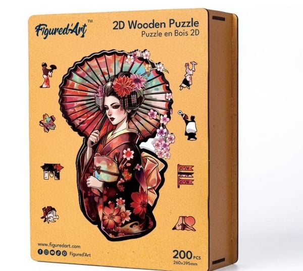 Produktbild: FiguredArt - Holzpuzzle Erwachsene - Geisha mit Sonnenschirm, 200 Teile, 26x39,5 cm