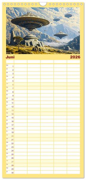 Produktbild: Familienplaner 2026 - Sternenkrieger - Science Fiction Visionen der Maya und Azteken mit 5 Spalten (Wandkalender, 21 x 45 cm) CALVENDO