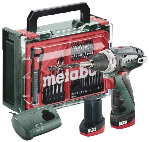 Produktbild: Metabo PowerMaxx BS Basic Set 600080710 Akku-Bohrschrauber 12 V 2 Ah Li-Ion inkl. 2. Akku, inkl. Ladeger&auml;t, b&uuml;rstenlos, inkl. Koffer, mit Zubeh&ouml;r